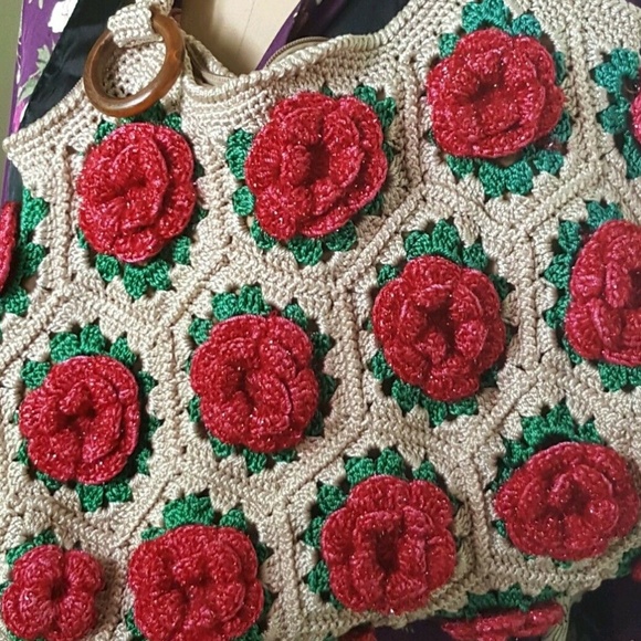 Vintage knit crochet sparkle large floral  bag - Picture 5 of 8
